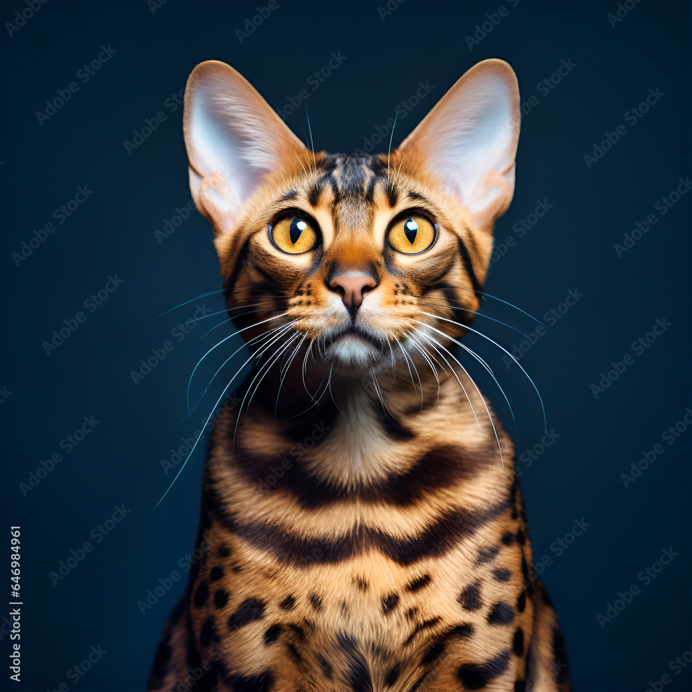 Obraz premium Portrait of Bengal Cat. Bengal cat looks at the camera. Animal portrait, pet care