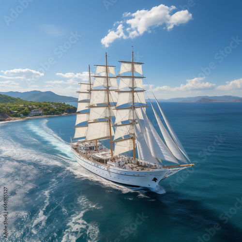 Aerial view modern multi-masted cruise sailing ship, AI generated