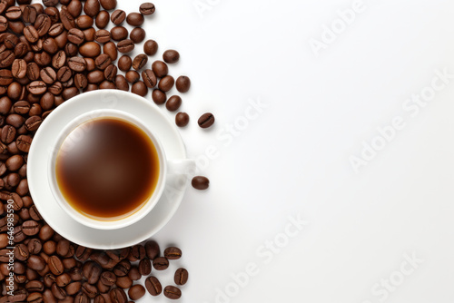 Beautiful cup of black coffee standing on coffee beans isolated on white background, top view.generative ai 