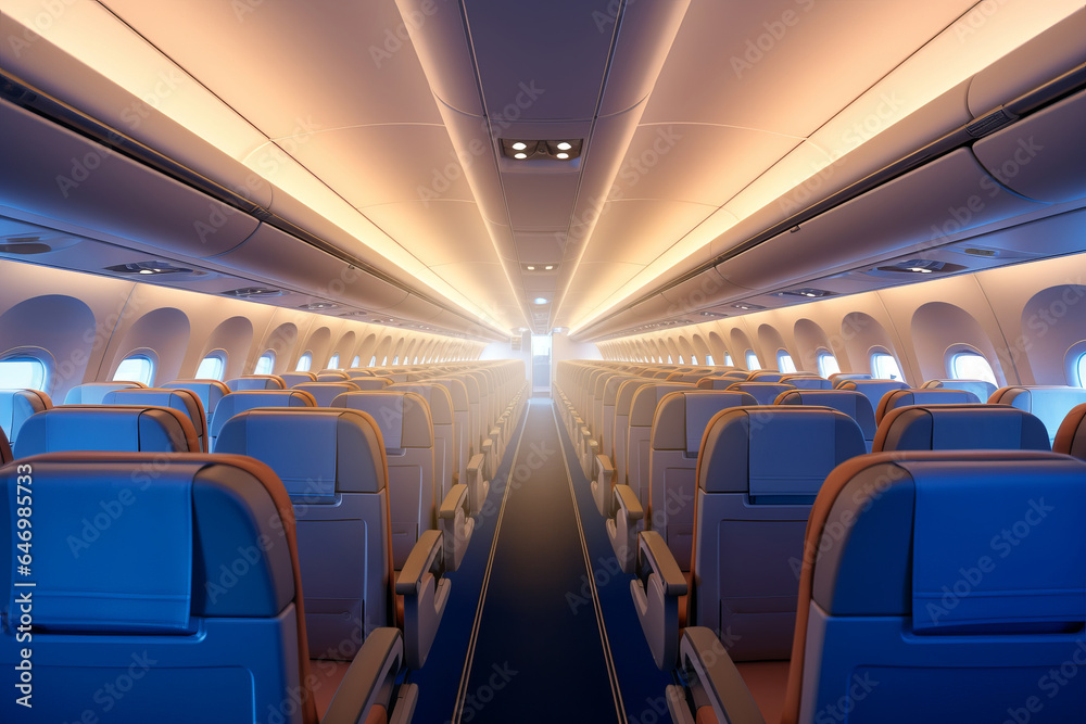 Empty passenger plane interior view from the corridor with empty seats.generative ai
