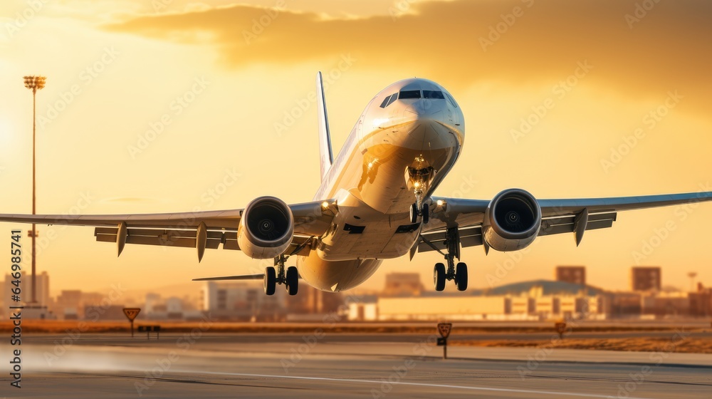 Naklejka premium A large passenger jet takes off down an airport runway at sunset