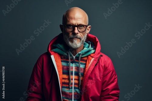 Portrait of a stylish senior man in red jacket and glasses.