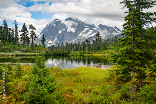 Picture Lake and Mt. Shuksan, Washington. Picture Lake is the centerpiece of a strikingly beautiful landscape in the Heather Meadows area of the Mt. Baker-Snoqualmie National Forest.