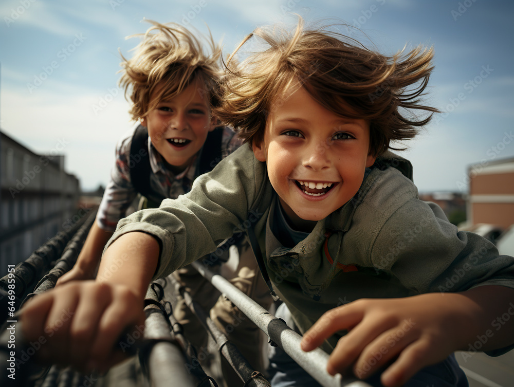 Fototapeta premium Two boys playing and climbing a fence in an industrial area. Portrait of boys jumping fence under sunlight in bright colors. Adventurous childhood spirit.