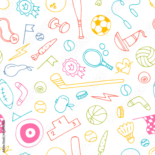 Sport doodle hand drawn seamless pattern. Sport equipments. Fitness, healthy lifestyle