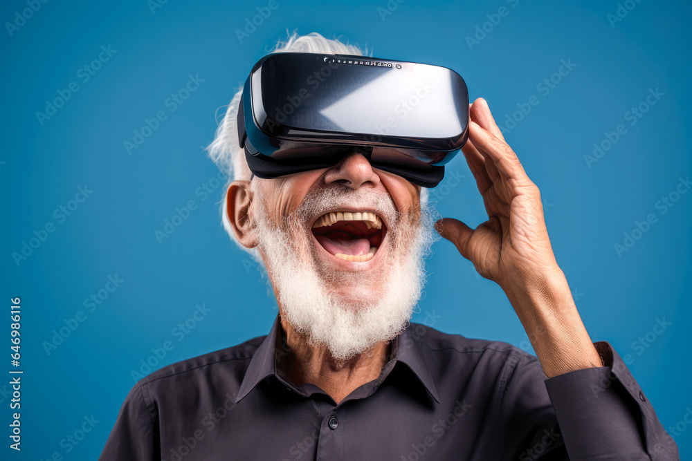 Elderly woman wearing VR headset, expressing wonder and joy. Presenting the excitement of technology and innovation in later life. Blue background