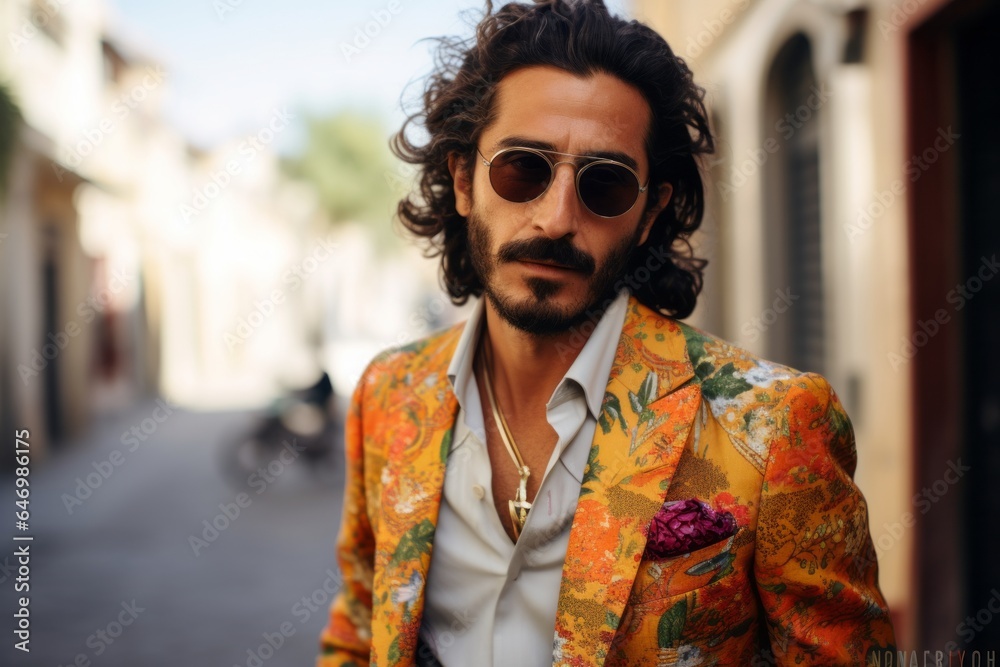 Portrait of a handsome man in a yellow jacket and sunglasses. Portrait of a handsome man in a yellow jacket and sunglasses.