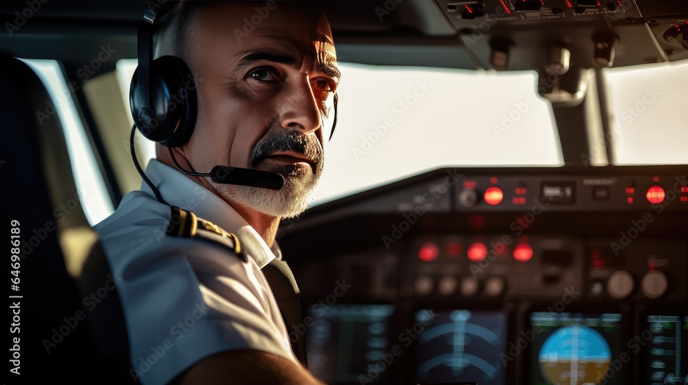 Close-up portrait of a pilot in the cockpit of an airplane - obrazy, fototapety, plakaty 
