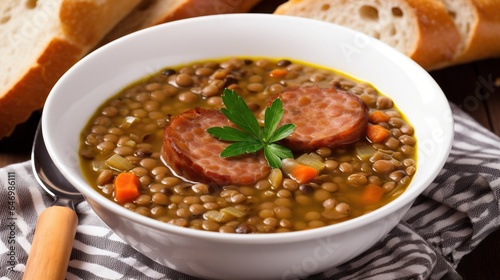 Sausage and Lentil Soup - A hearty soup made with sausage, lentils, and vegetables like carrots and celery, often flavored with herbs like thyme and rosemary.