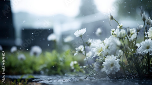 Beautiful white flowers over marble background. Bouquet of flowers at cemetery , funeral concept.