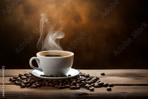 Beautiful background with a white cup with black steaming coffee standing on coffee beans with empty space for text or inscriptions.generative ai

