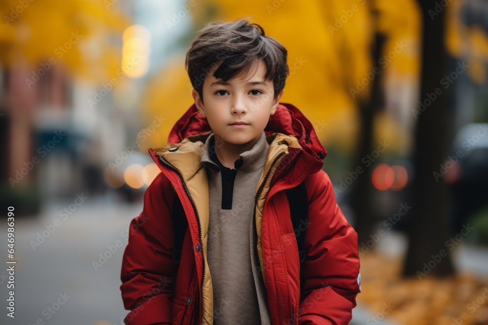 Portrait of a boy in a red jacket on a background of autumn street. Portrait of a boy in a red jacket on a background of autumn street.