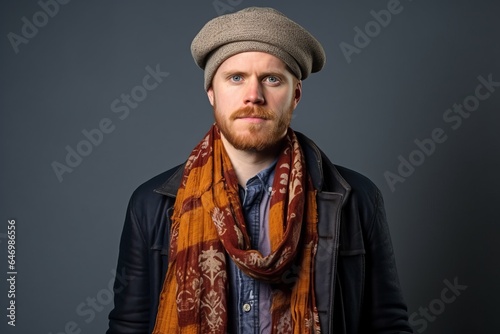 Portrait of a red-bearded man in a hat and scarf.