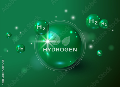H2 Hydrogen Molecule Gas Pump. Floating round elements and molecules with text H2 and Hydrogen. Ecology, biology and biochemistry concept of renewable fuel green energy