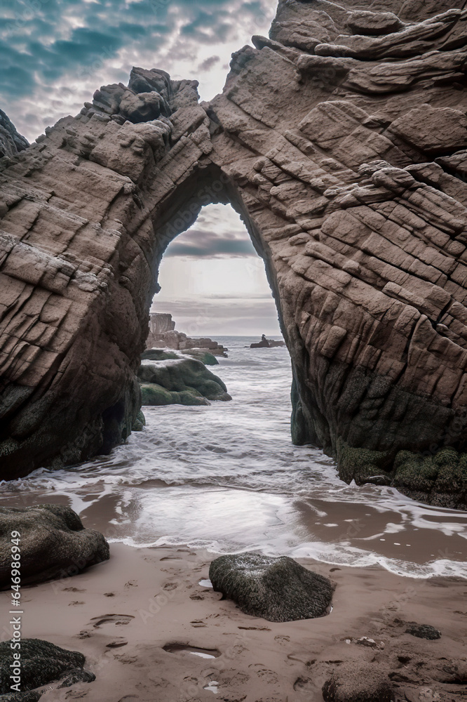 Nature's Arch: Captivating Coastal Image Featuring a Majestic Natural Bridge on a Serene Beach, ai generative