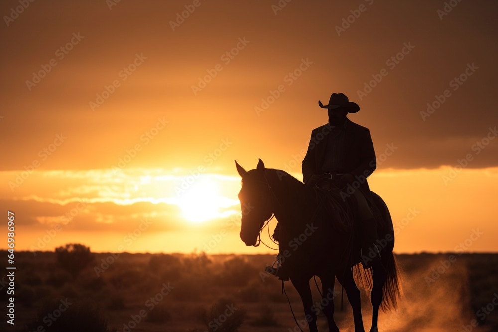 image silhouette of a cowboy on a horse at sunset