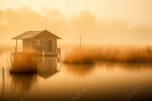 Lakeside Twilight  Charming Cabin Rests on the Water  Basking in the Tranquil Glow of Sunset  ai generative