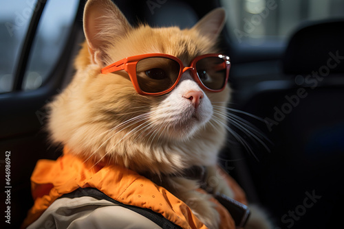 portrait of a dressed cat with sunglasses on the car