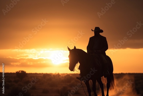 image silhouette of a cowboy on a horse at sunset