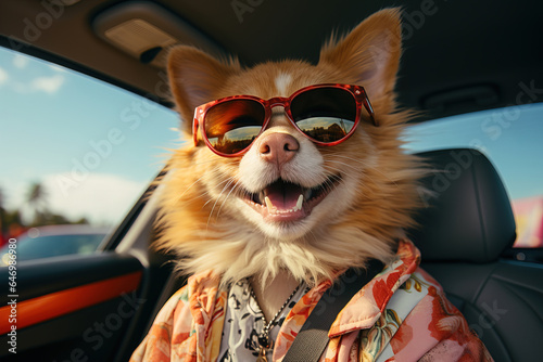 portrait of a happy smiling dog with sunglasses in the car © QuantumVisions