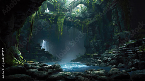 Fantasy landscape with a waterfall in a cave
