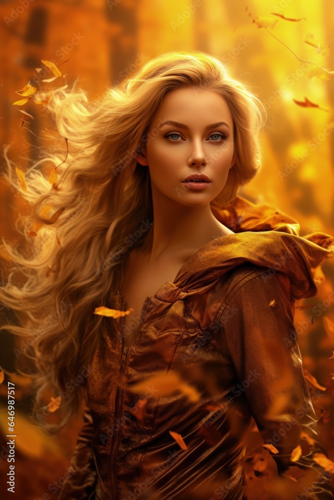 Autumn portrait of an attractive woman. Fall, the golden season of the year, falling leaves, romance, elegance, stylish clothes, presentable. Fashion trend, beautiful combination of colors.