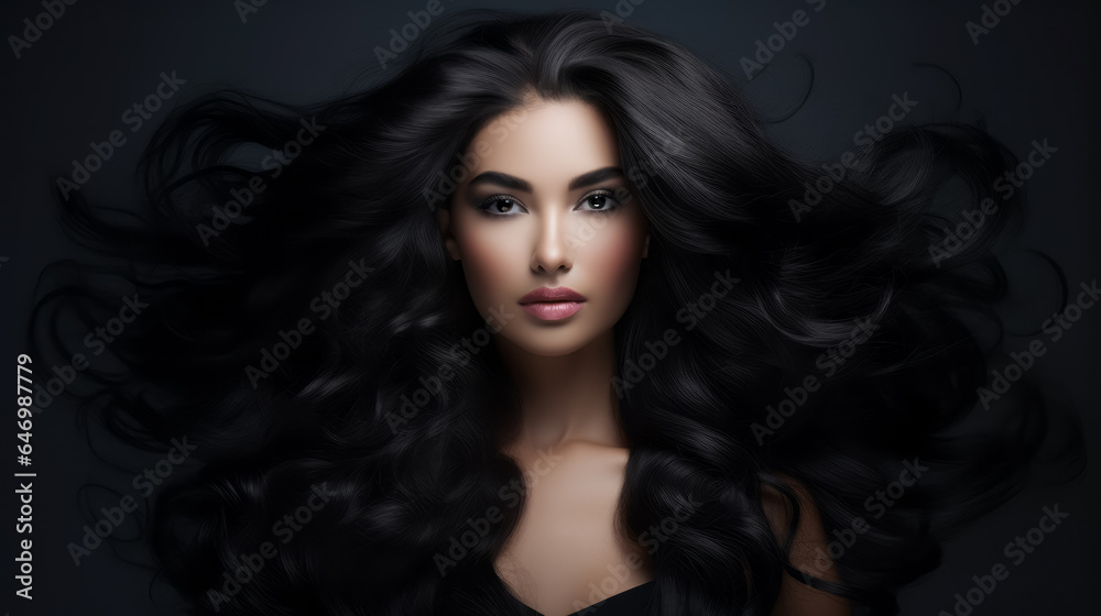 Beauty Asian girl with blowing long healthy wavy hair. hairstyle, hair care. copy space