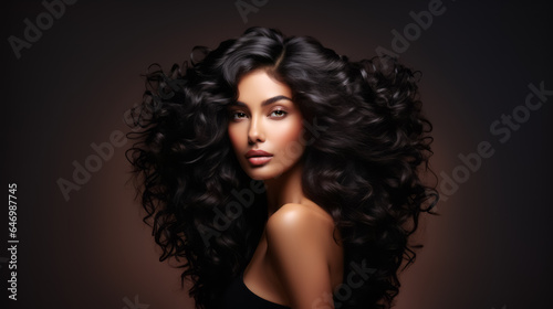 Beauty Asian girl with blowing long healthy wavy hair. hairstyle  hair care. copy space
