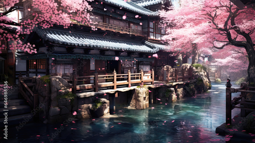 Japanese temple with cherry blossom and river