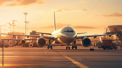 A large passenger airplane in the airport arrivals area at sunset