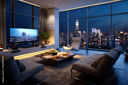 modern open concept living room on the corner of the building with view of the city. tall windows.