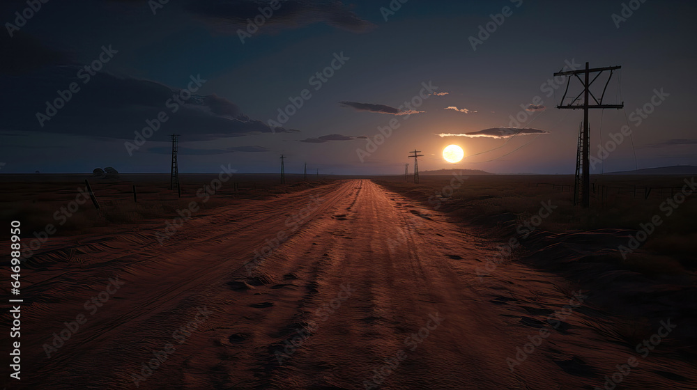 Dirt road in the desert at sunset with sun in the sky Dirt road in the desert at sunset with sun in the sky