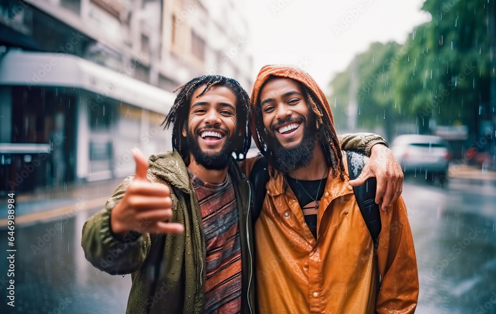 Two men standing together in the rain during the autumn or winter season Two men standing together in the rain during the autumn or winter season