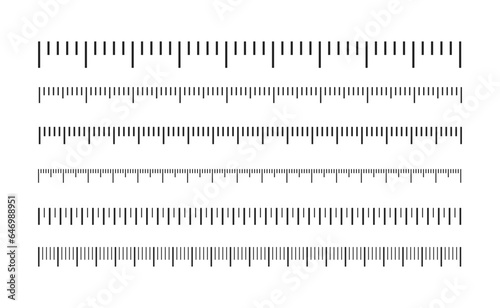 Measuring scale, markup for rulers in different scales. Inch black meter lines. Measure instrument. Vector illustration photo