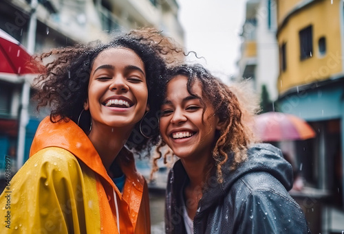 Two women embracing each other in the rain on a city street during the autumn or winter season