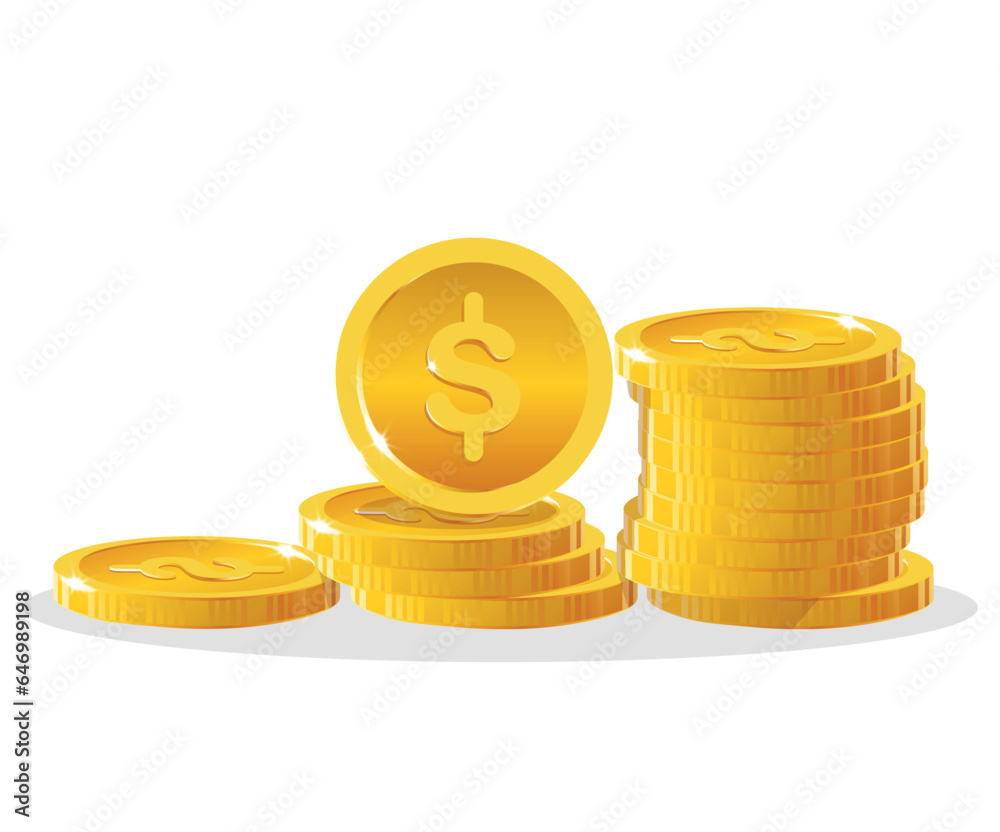 3D gold coins isolated on white background. One golden coin standing on stacked gold coins modern design. Stack of gold coins. Golden coin pile, money stacks and golds piles isolated vector set 3D gold coins isolated on white background. One golden coin standing on stacked gold coins modern design. Stack of gold coins. Golden coin pile, money stacks and golds piles isolated vector set