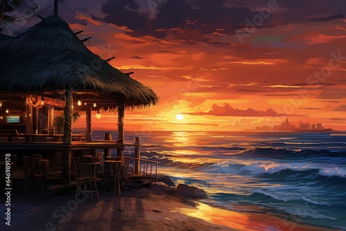 Picturesque Beach bar sunset outdoor. Generate Ai