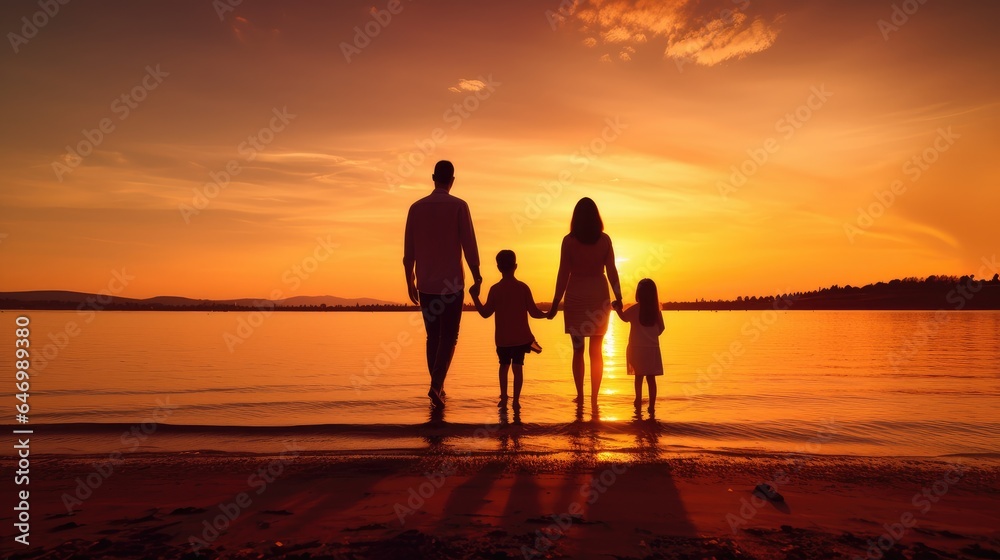 The back view of parents with their children at the seaside under the sunset