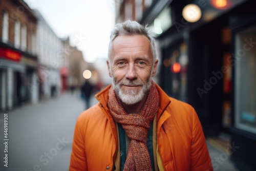 Portrait of a handsome senior man with grey beard and mustache wearing orange coat and scarf in the city