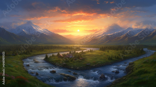 Beautiful mountain landscape with a river at sunset