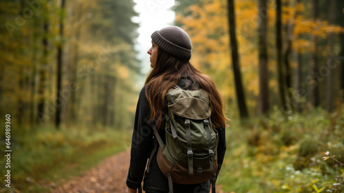 A young woman with a backpack hiking in the forest outdoors