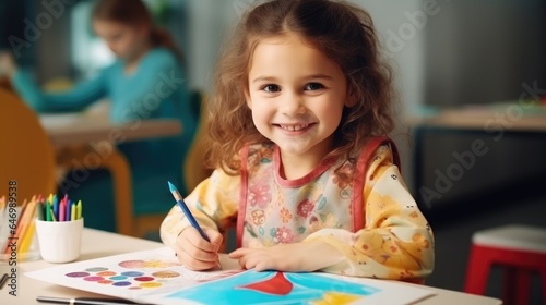 Excited little girl learns how to draw in an art class. Generative AI