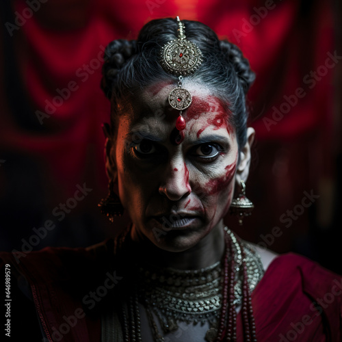 An angry Indian queen with irritation expression. Indian queen in angry purple colors face portrait. Powerful woman with eyes that sparkle with strength and determination.