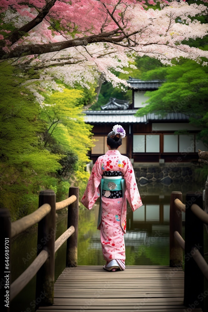 image geisha crossing a bridge