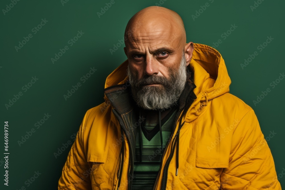 Portrait of an old bearded man in a yellow jacket on a green background