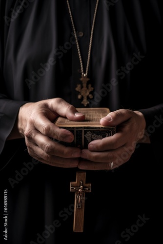image the male priest holds in his hand a wooden cross