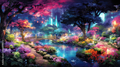 Illustration of beautiful fantasy garden with lanterns and flowers in the night © Lohan