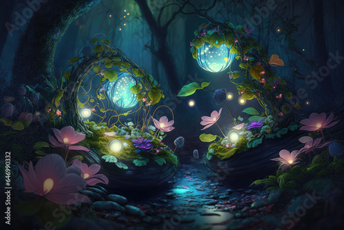 Fairy-tale glowing plants in the forest  AI generated