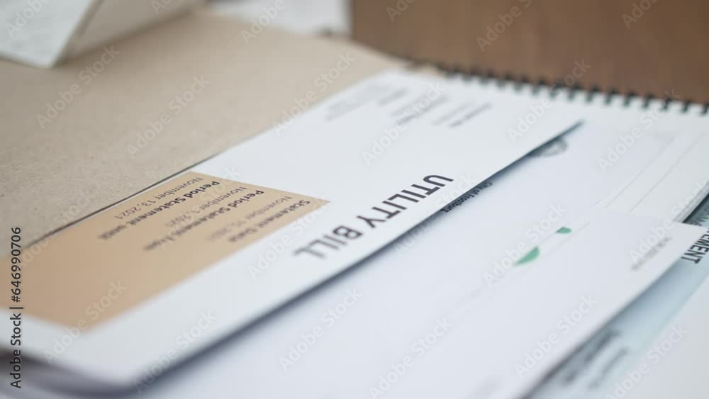 Utility bill statement details, displaying due amount, alongside a phone calculator, set on a wooden apartment table. Financial responsibility in focus.