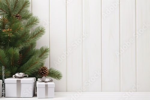 Minimalist Christmas banner with pine tree and gift boxes over white wooden background for copy space